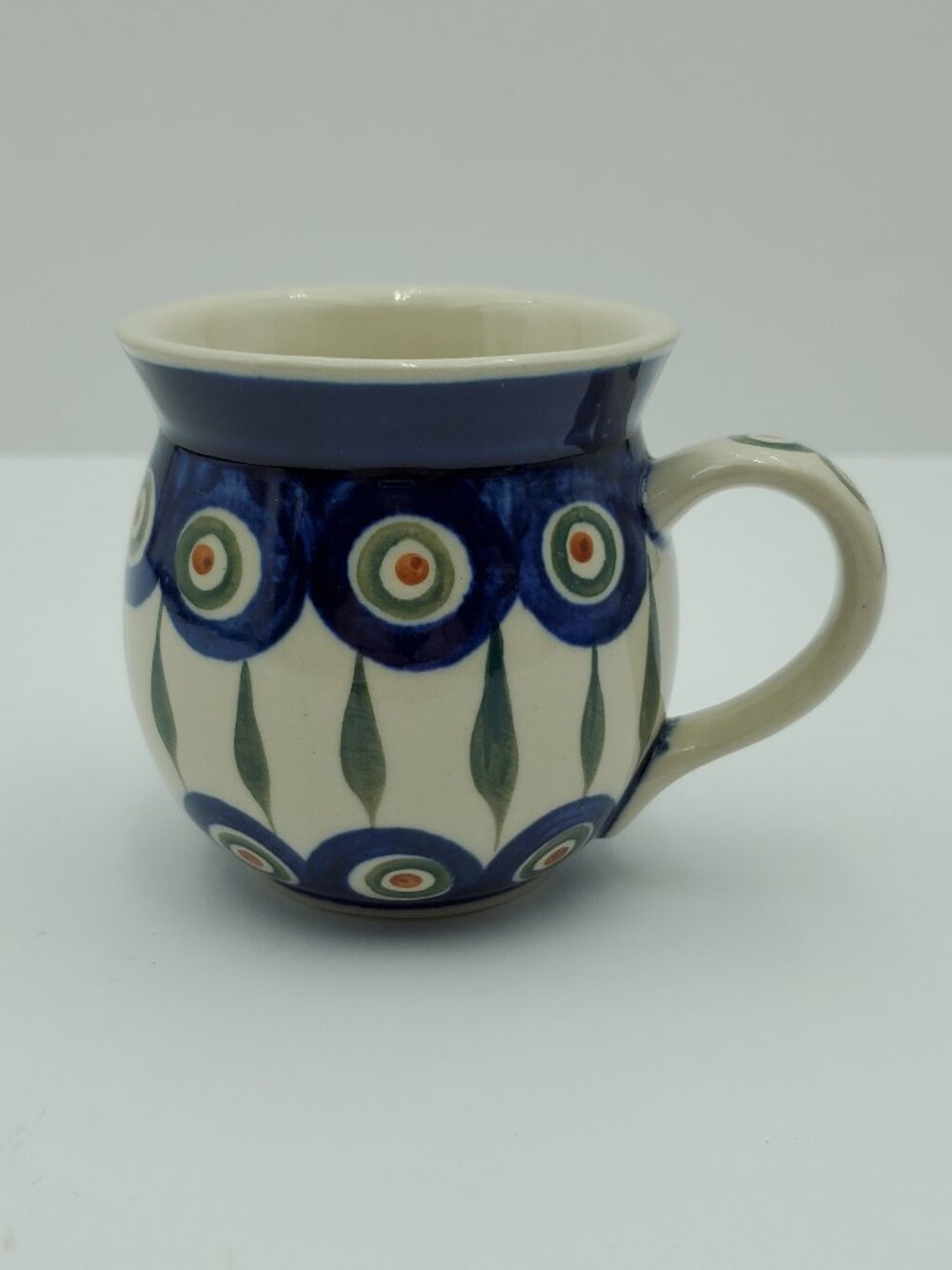 Polish Pottery Peacock Leaves Small Bubble Mug Peacock Eyes Small Belly Mug